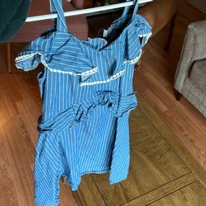 Girls blue and white striped dress with off the shoulder